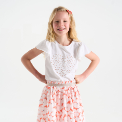 تيشيرت بأكمام فراشة ورسمة قلب، باللون الأبيض للفتيات